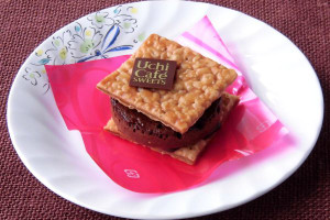 正方形の薄焼きパイ生地2枚で、丸く分厚いチョコケーキを挟んであります。