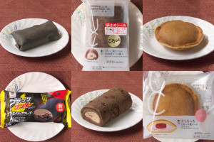 ファミリーマート「ブラックサンダー　ザクモチチョコクレープ」、ローソン「ごろっと焼きチョコもち食感ロール」、ローソン「どらもっち　とろーり苺ソース」