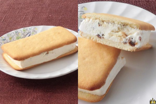 芳醇なラムレーズンアイスをバター風味のクッキーでサンドしたクッキーサンドアイス