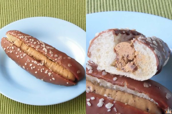 カフェモカホイップとコーヒーチョコでコーティングしたふんわりコッペパンにカフェモカホイップをサンドしたほろ苦い菓子パン。