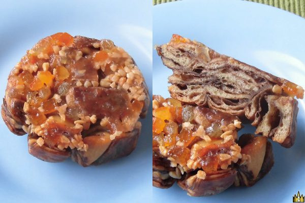 ココア風味のデニッシュ生地にアーモンドとオレンジピールを乗せて飴をかけ、カリッと焼き上げたクロッカン風パン。