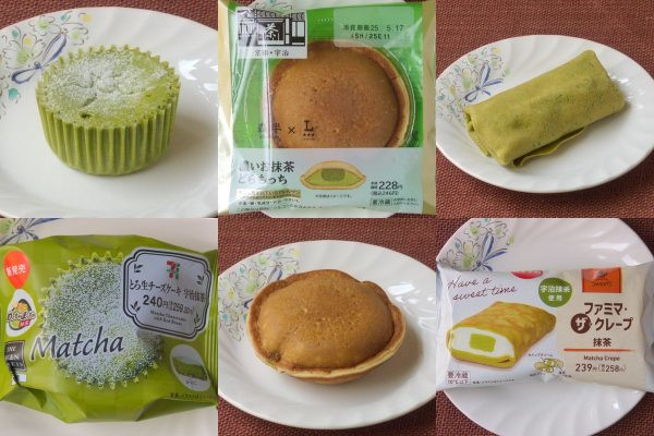 セブン-イレブン「とろ生チーズケーキ宇治抹茶」、ローソン「Uchi Café×森半　濃いお抹茶どらもっち」、ファミリーマート「ファミマ・ザ・クレープ　抹茶」