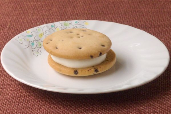 いくつもの小粒チョコチップが混ぜ込まれた円形のビスケット。